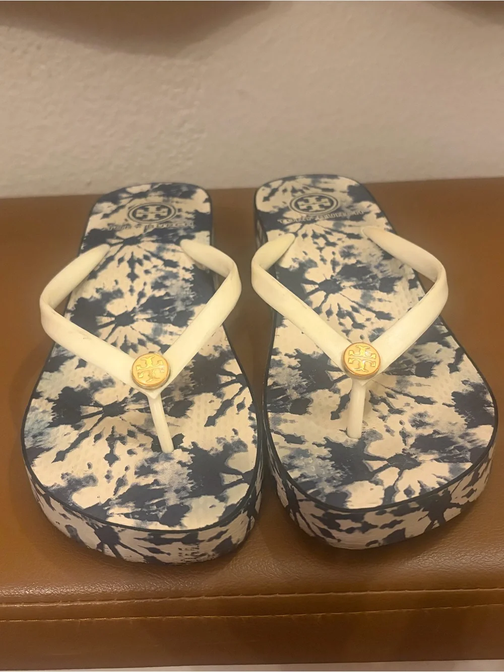 Tory Burch Cream Straps with Navy & White Tie-Dye Platform Sandals